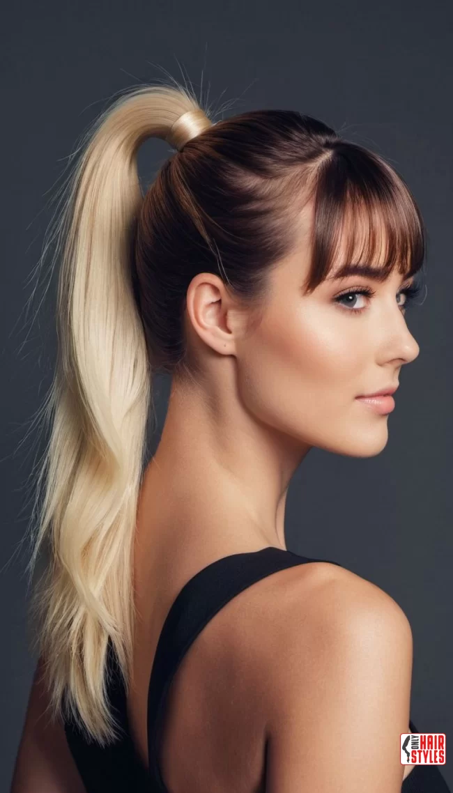 Low Ponytail with Wispy Bangs | 30 Low-Maintenance Medium-Length Hairstyles With Bangs