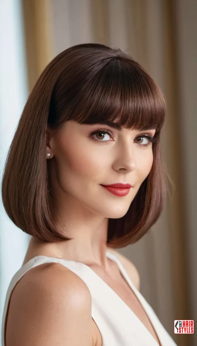 Classic Mid-Length Cut with Brow-Skimming Bangs | 30 Low-Maintenance Medium-Length Hairstyles With Bangs