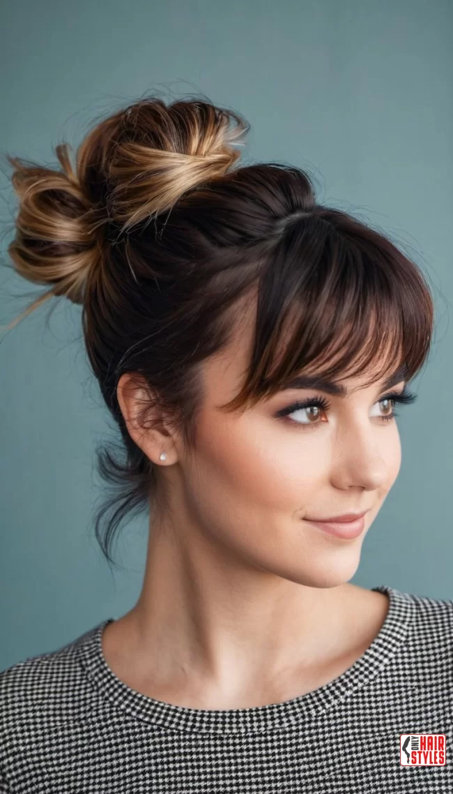 Messy Bun with Textured Bangs | 30 Low-Maintenance Medium-Length Hairstyles With Bangs