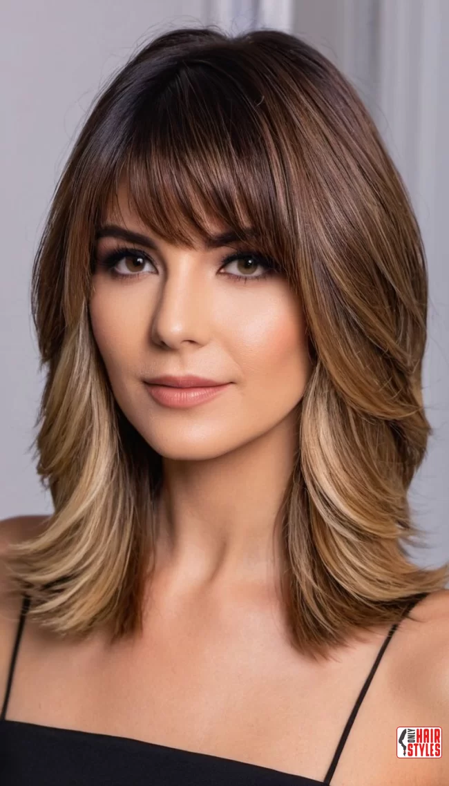 Balayage Layers with Side Bangs | 30 Low-Maintenance Medium-Length Hairstyles With Bangs