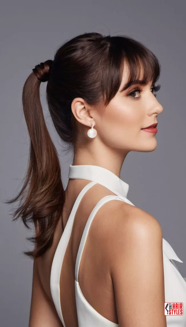 Low Ponytail with Wispy Bangs | 30 Low-Maintenance Medium-Length Hairstyles With Bangs