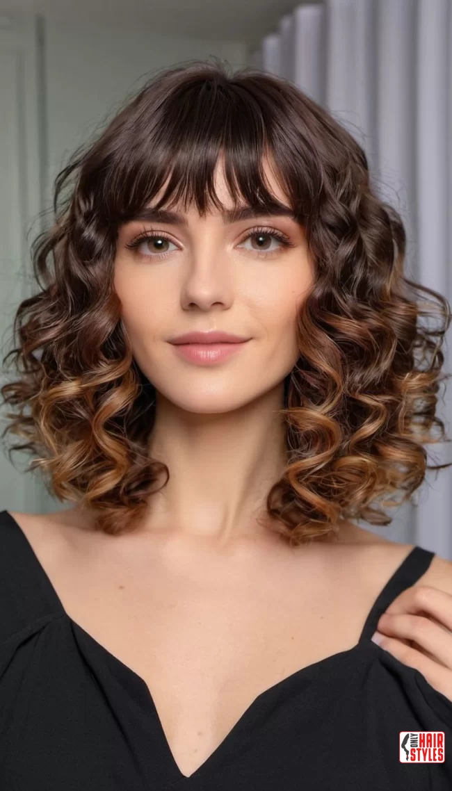 Curly Medium-Length Hair with Curtain Bangs | 30 Low-Maintenance Medium-Length Hairstyles With Bangs
