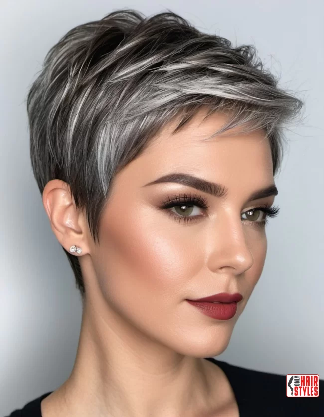 Textured Pixie Cut with Silver Accents | Balayage Transition To Gray Hair - Gray Hair Balayage