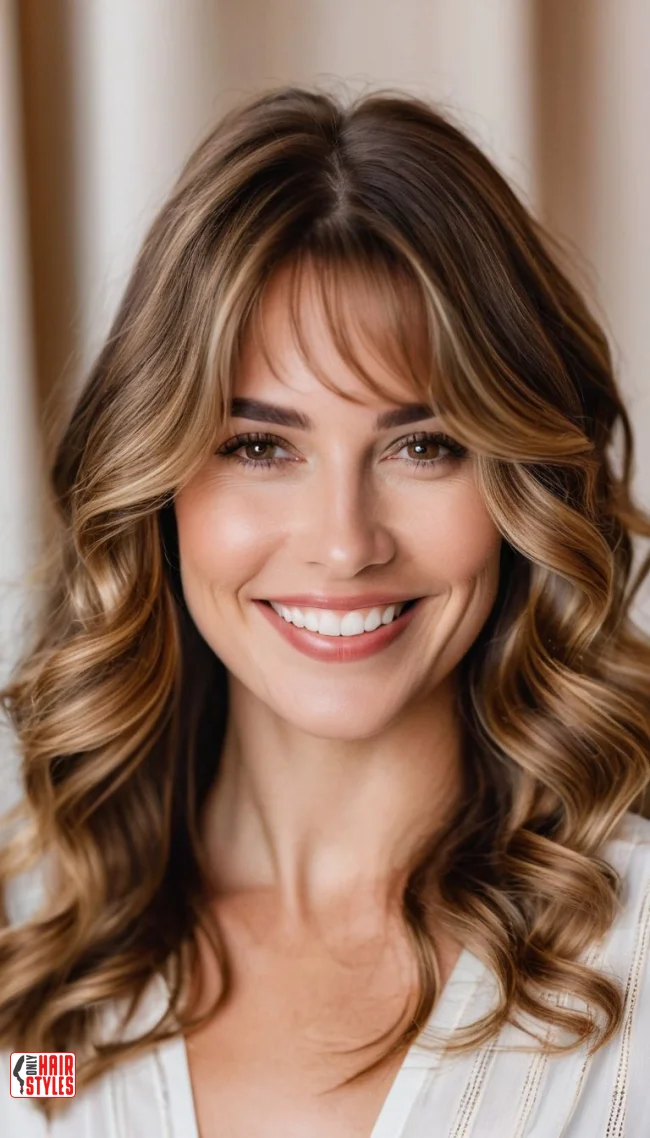 9. Long Curtain Bangs with Wavy Layers | 10 Jaw-Dropping Ideas Of Haircuts For Oval Faces With Bangs