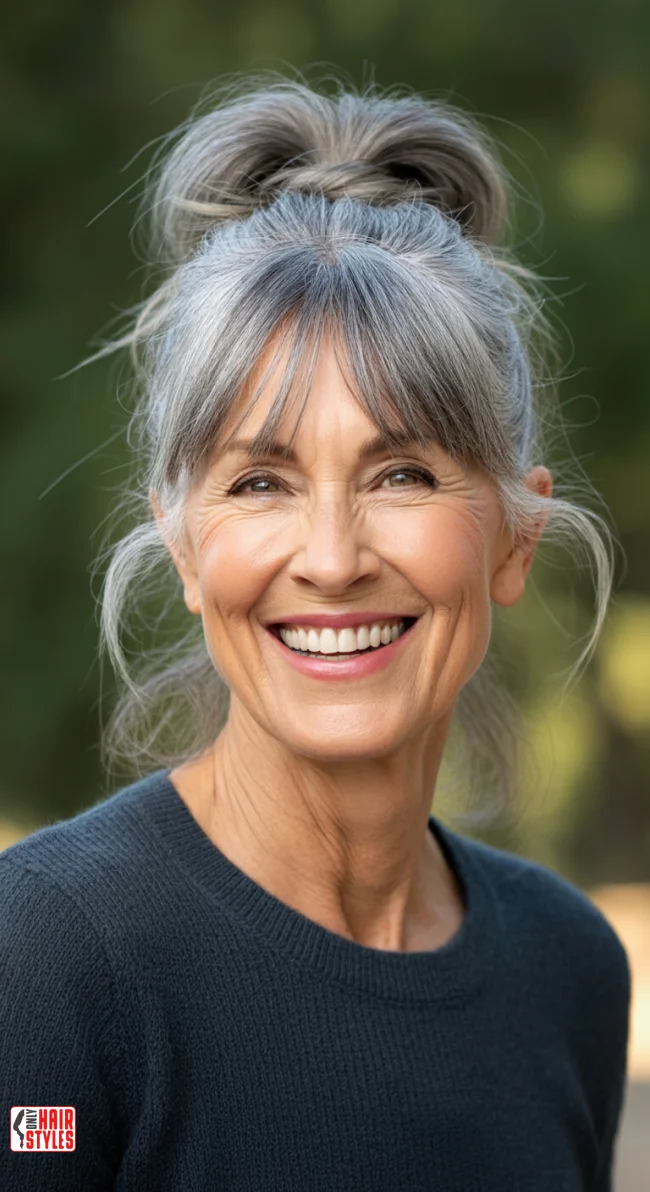 12. High Bun with Loose Strands | 15 Chic Gray Hairstyles For Women Over 60 That You’ll Love To Try