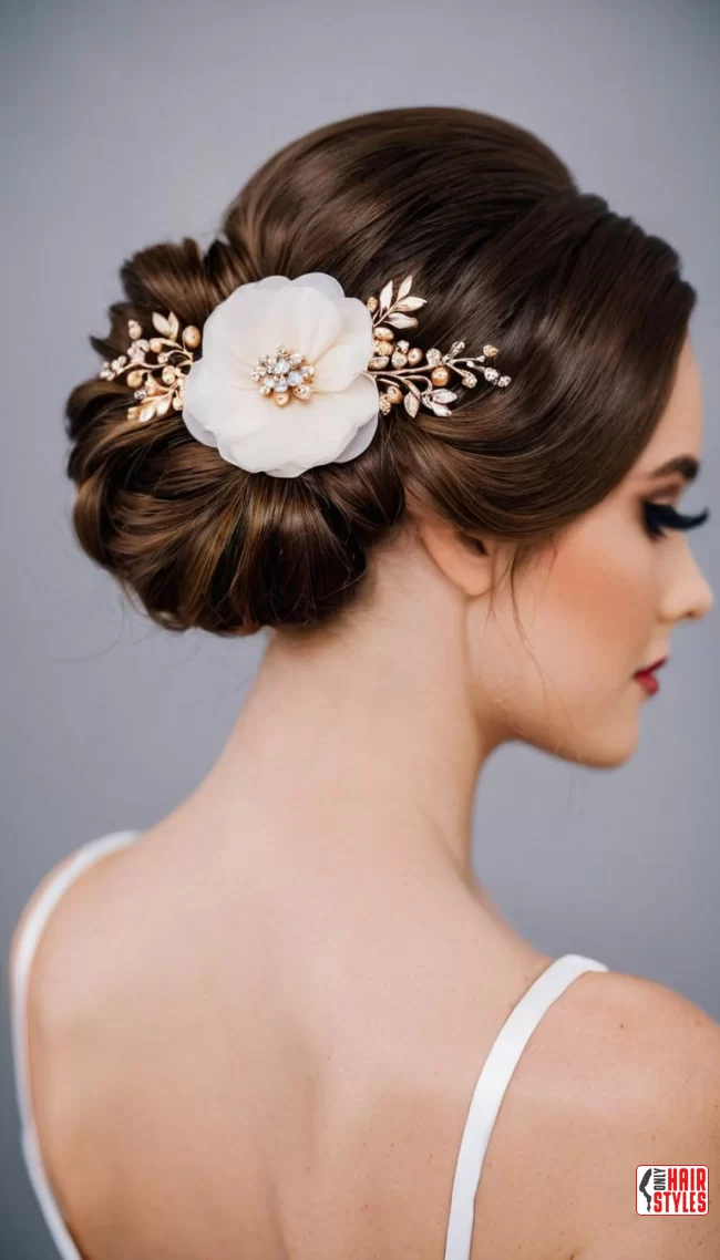 Updo Accessories:&nbsp;Floral details | Chic And Timeless Updo Hairstyles: Elevate Your Look With These Stunning Updos